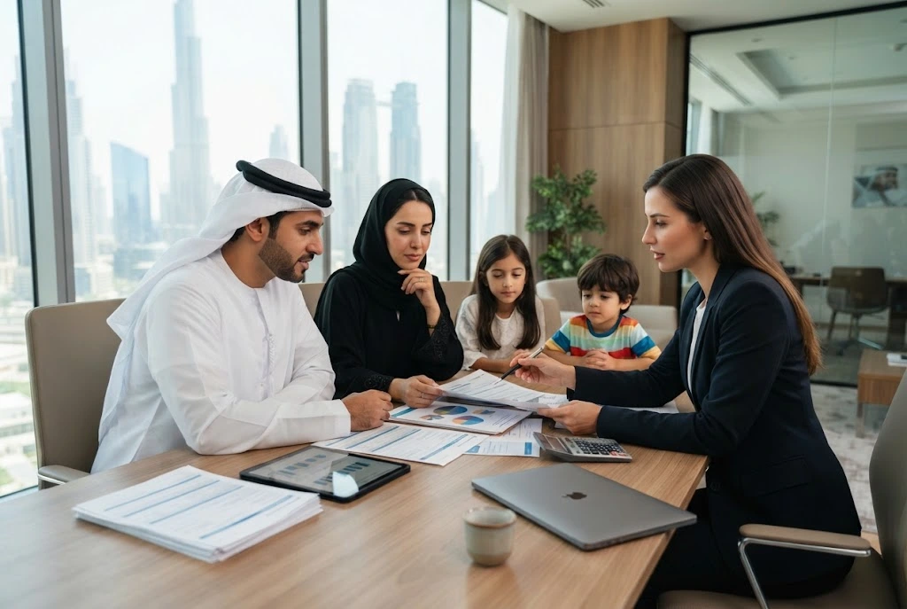 Cheapest medical insurance in the UAE comparison with a family reviewing health coverage options