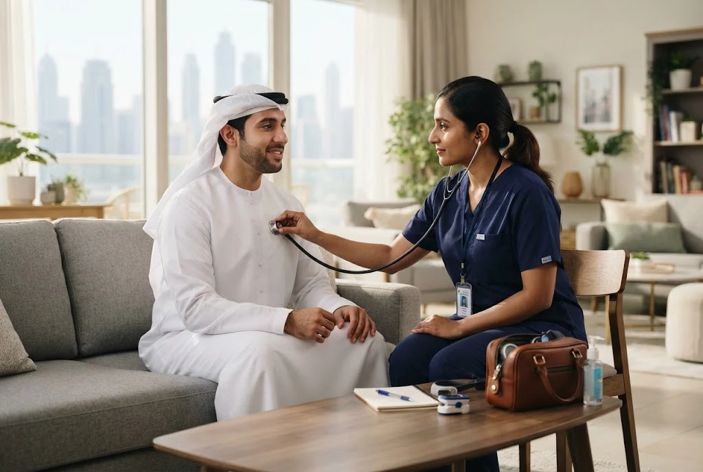 Doctor at home in Dubai providing a medical consultation in a modern residence