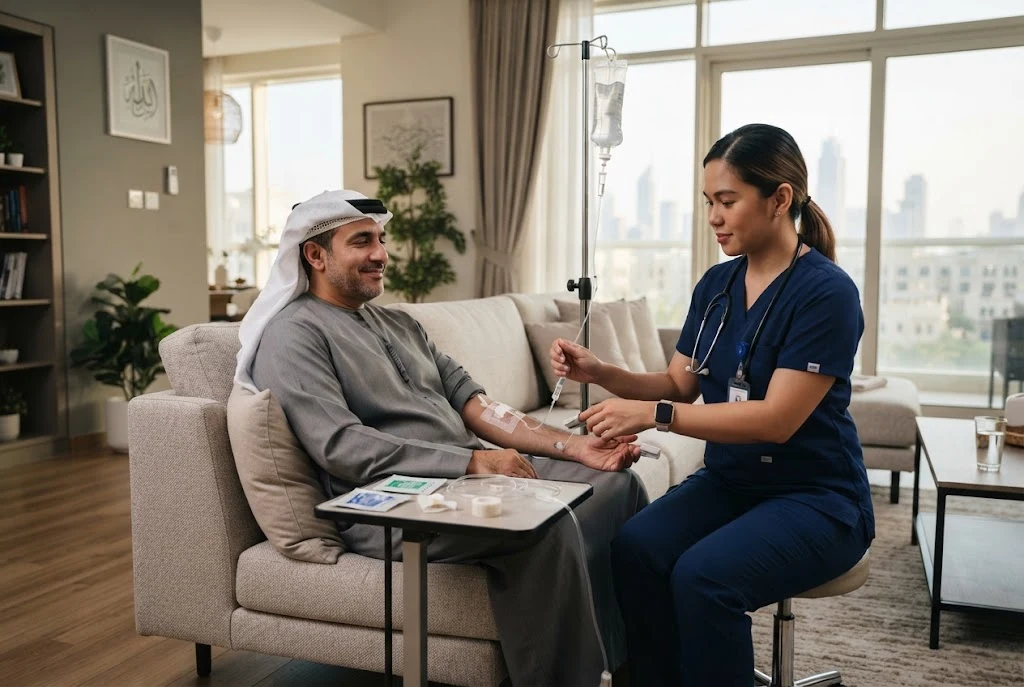 Home IV infusion provided by a healthcare professional in the UAE