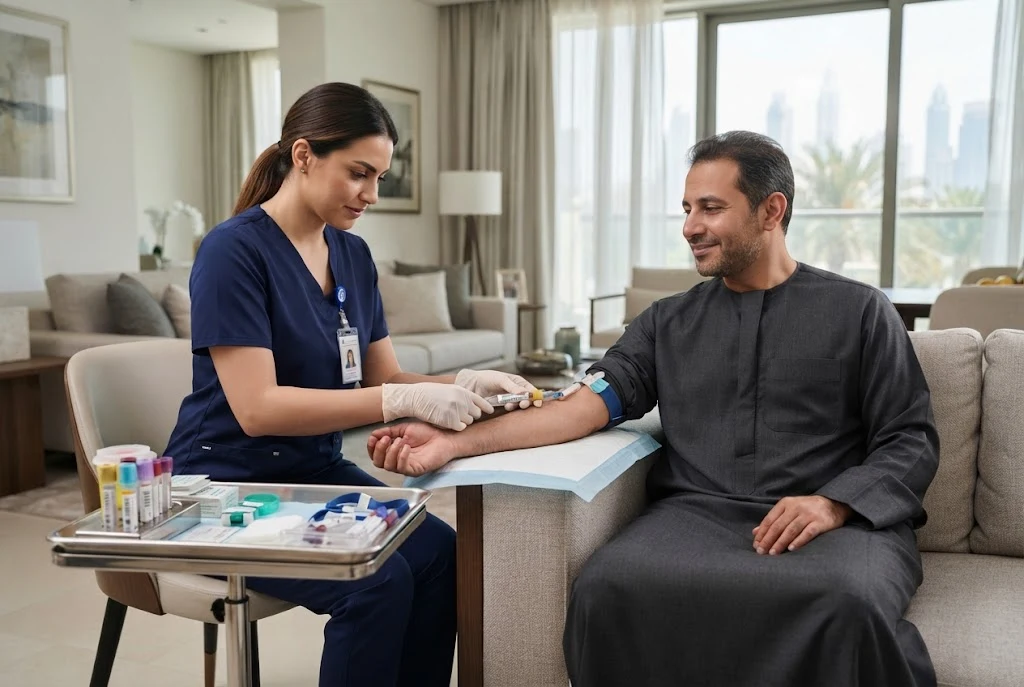 Lab test at home with a healthcare professional collecting a blood sample from a patient