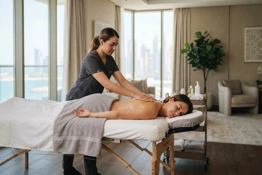 Massage at home near me with a professional practitioner providing a wellness massage